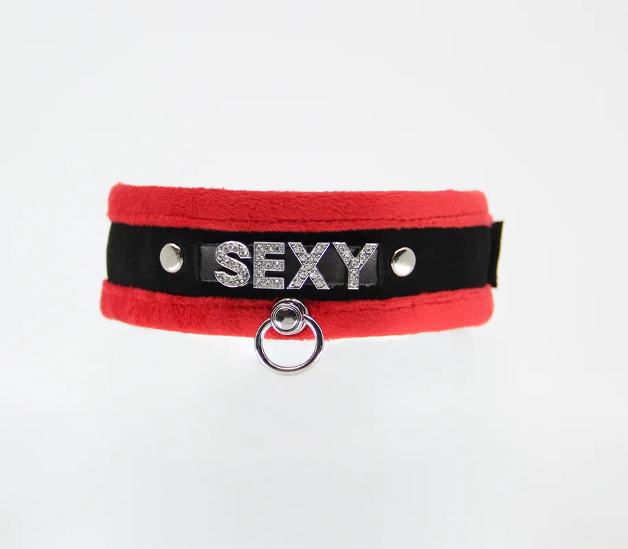 Love in Leather Fluffy Diamante SEXY Collar Red Black with O Ring
